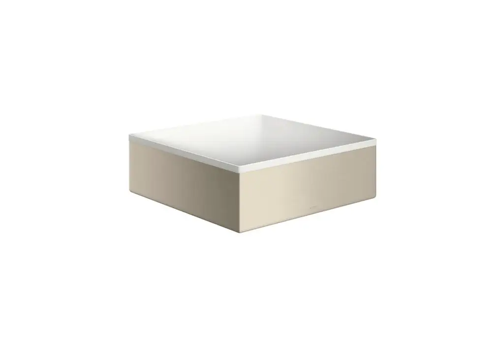 Aufsatzwaschtisch in rechteckiger Form mit mattem, brushed Nickel-Finish von AXOR, ohne Hahnloch und Überlauf. Oberfläche aus weißem Material.
